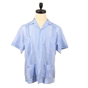 Alon Vel Mens Light Blue Embroidered Guayabera Shirt Short Sleeve Size 40 Mexico